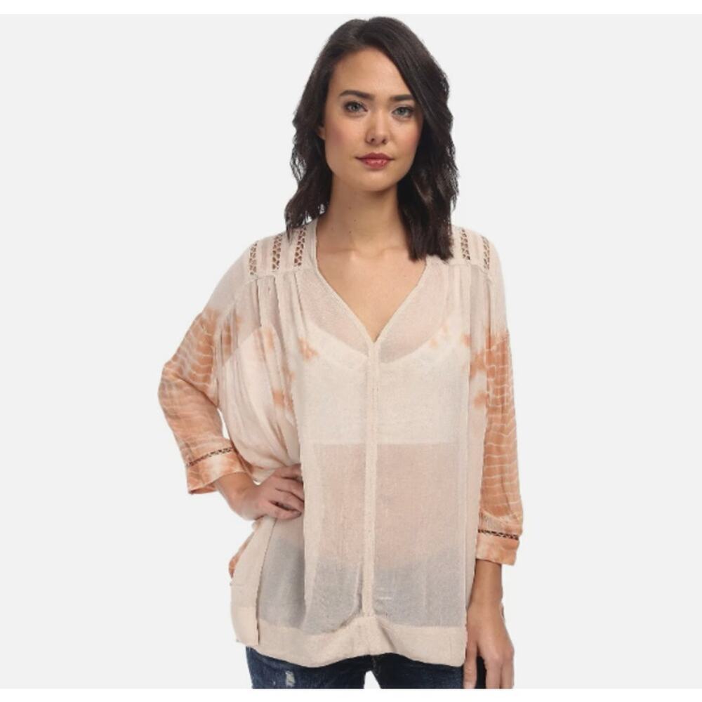 Free People Sheer Cream Blouse with Peach Tie-Dye Sleeves